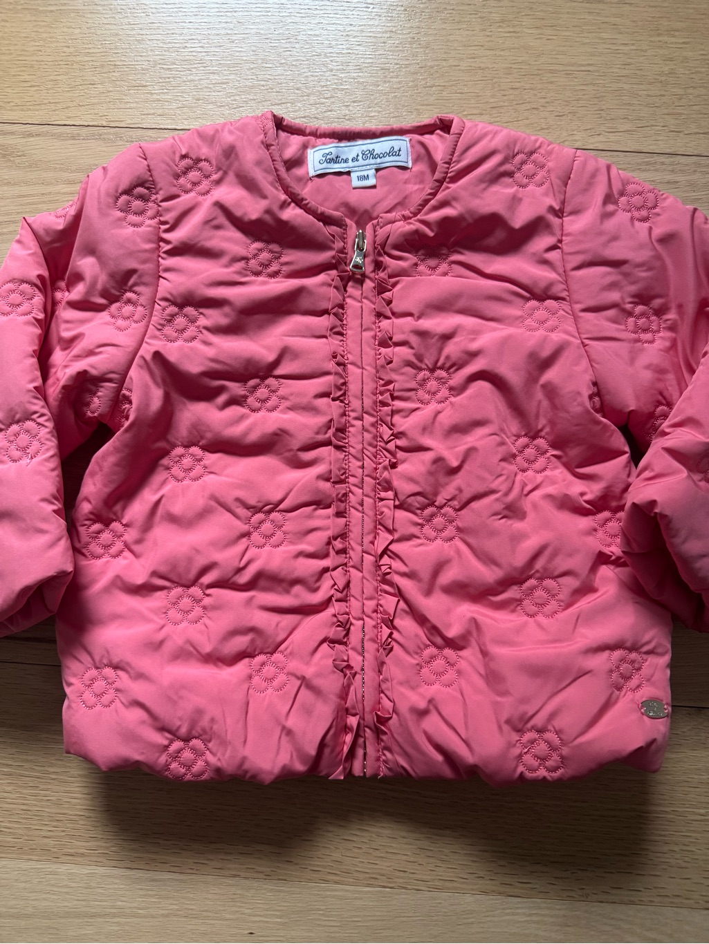 Tartine Et Chocolat Coral Quilted Puff Jacket With Floral Stitching